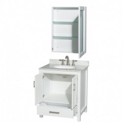 30 inch Single Bathroom Vanity in White, White Carrera Marble Countertop, Undermount Oval Sink, and Medicine Cabinet