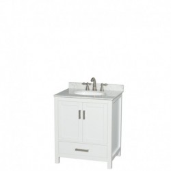 30 inch Single Bathroom Vanity in White, White Carrera Marble Countertop, Undermount Oval Sink, and No Mirror