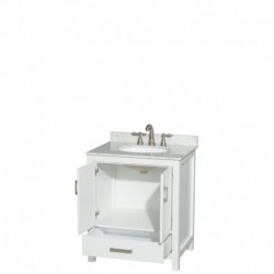30 inch Single Bathroom Vanity in White, White Carrera Marble Countertop, Undermount Oval Sink, and No Mirror