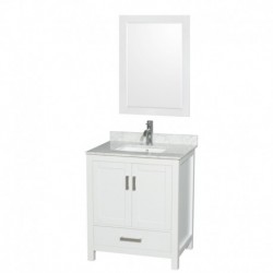 30 inch Single Bathroom Vanity in White, White Carrera Marble Countertop, Undermount Square Sink, and 24 inch Mirror