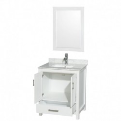 30 inch Single Bathroom Vanity in White, White Carrera Marble Countertop, Undermount Square Sink, and 24 inch Mirror