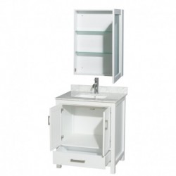 30 inch Single Bathroom Vanity in White, White Carrera Marble Countertop, Undermount Square Sink, and Medicine Cabinet