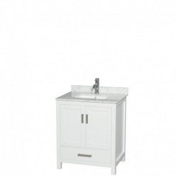 30 inch Single Bathroom Vanity in White, White Carrera Marble Countertop, Undermount Square Sink, and No Mirror