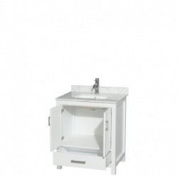 30 inch Single Bathroom Vanity in White, White Carrera Marble Countertop, Undermount Square Sink, and No Mirror
