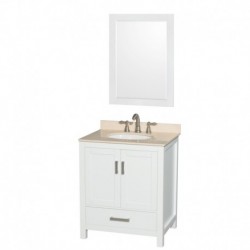 30 inch Single Bathroom Vanity in White, Ivory Marble Countertop, Undermount Oval Sink, and 24 inch Mirror