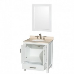 30 inch Single Bathroom Vanity in White, Ivory Marble Countertop, Undermount Oval Sink, and 24 inch Mirror