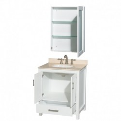 30 inch Single Bathroom Vanity in White, Ivory Marble Countertop, Undermount Oval Sink, and Medicine Cabinet