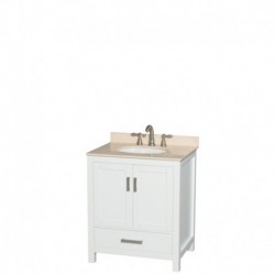 30 inch Single Bathroom Vanity in White, Ivory Marble Countertop, Undermount Oval Sink, and No Mirror