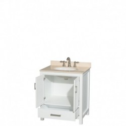 30 inch Single Bathroom Vanity in White, Ivory Marble Countertop, Undermount Oval Sink, and No Mirror