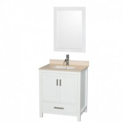 30 inch Single Bathroom Vanity in White, Ivory Marble Countertop, Undermount Square Sink, and 24 inch Mirror