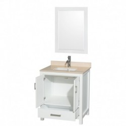 30 inch Single Bathroom Vanity in White, Ivory Marble Countertop, Undermount Square Sink, and 24 inch Mirror