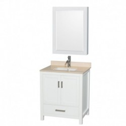 30 inch Single Bathroom Vanity in White, Ivory Marble Countertop, Undermount Square Sink, and Medicine Cabinet