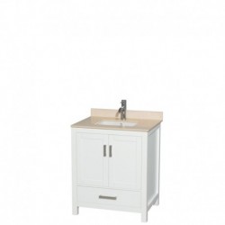 30 inch Single Bathroom Vanity in White, Ivory Marble Countertop, Undermount Square Sink, and No Mirror