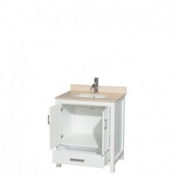 30 inch Single Bathroom Vanity in White, Ivory Marble Countertop, Undermount Square Sink, and No Mirror