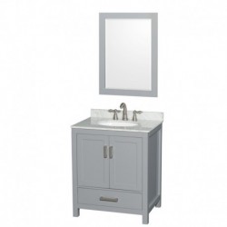 30 inch Single Bathroom Vanity in Gray, White Carrera Marble Countertop, Undermount Oval Sink, and 24 inch Mirror