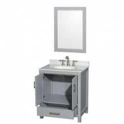 30 inch Single Bathroom Vanity in Gray, White Carrera Marble Countertop, Undermount Oval Sink, and 24 inch Mirror