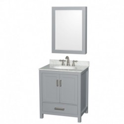 30 inch Single Bathroom Vanity in Gray, White Carrera Marble Countertop, Undermount Oval Sink, and Medicine Cabinet