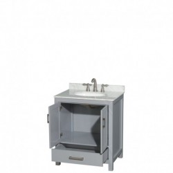 30 inch Single Bathroom Vanity in Gray, White Carrera Marble Countertop, Undermount Oval Sink, and No Mirror