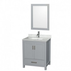 30 inch Single Bathroom Vanity in Gray, White Carrera Marble Countertop, Undermount Square Sink, and 24 inch Mirror