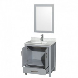 30 inch Single Bathroom Vanity in Gray, White Carrera Marble Countertop, Undermount Square Sink, and 24 inch Mirror