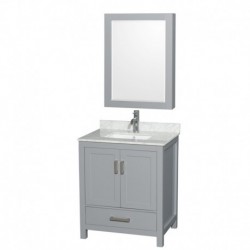 30 inch Single Bathroom Vanity in Gray, White Carrera Marble Countertop, Undermount Square Sink, and Medicine Cabinet