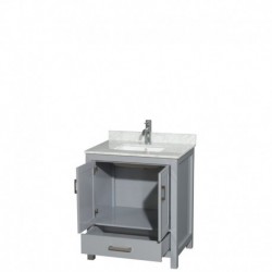 30 inch Single Bathroom Vanity in Gray, White Carrera Marble Countertop, Undermount Square Sink, and No Mirror