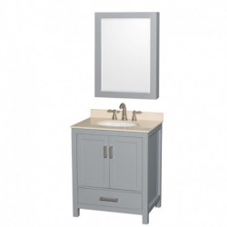 30 inch Single Bathroom Vanity in Gray, Ivory Marble Countertop, Undermount Oval Sink, and Medicine Cabinet