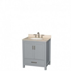 30 inch Single Bathroom Vanity in Gray, Ivory Marble Countertop, Undermount Oval Sink, and No Mirror