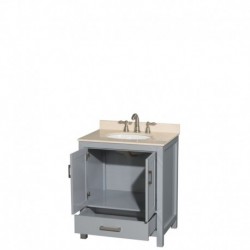 30 inch Single Bathroom Vanity in Gray, Ivory Marble Countertop, Undermount Oval Sink, and No Mirror