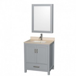 30 inch Single Bathroom Vanity in Gray, Ivory Marble Countertop, Undermount Square Sink, and Medicine Cabinet