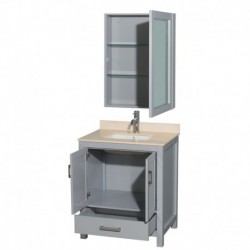 30 inch Single Bathroom Vanity in Gray, Ivory Marble Countertop, Undermount Square Sink, and Medicine Cabinet
