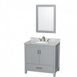 36 inch Single Bathroom Vanity in Gray, White Carrera Marble Countertop, Undermount Oval Sink, and 24 inch Mirror