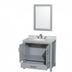 36 inch Single Bathroom Vanity in Gray, White Carrera Marble Countertop, Undermount Oval Sink, and 24 inch Mirror