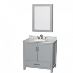 36 inch Single Bathroom Vanity in Gray, White Carrera Marble Countertop, Undermount Oval Sink, and Medicine Cabinet