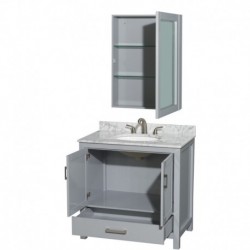 36 inch Single Bathroom Vanity in Gray, White Carrera Marble Countertop, Undermount Oval Sink, and Medicine Cabinet