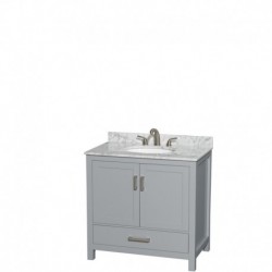 36 inch Single Bathroom Vanity in Gray, White Carrera Marble Countertop, Undermount Oval Sink, and No Mirror