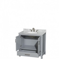 36 inch Single Bathroom Vanity in Gray, White Carrera Marble Countertop, Undermount Oval Sink, and No Mirror