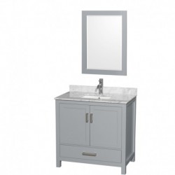 36 inch Single Bathroom Vanity in Gray, White Carrera Marble Countertop, Undermount Square Sink, and 24 inch Mirror
