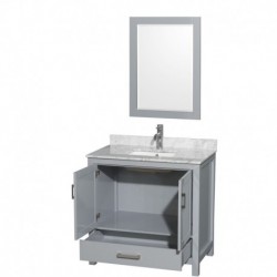 36 inch Single Bathroom Vanity in Gray, White Carrera Marble Countertop, Undermount Square Sink, and 24 inch Mirror