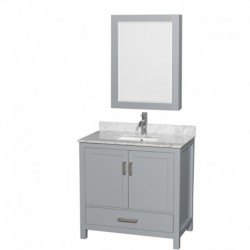 36 inch Single Bathroom Vanity in Gray, White Carrera Marble Countertop, Undermount Square Sink, and Medicine Cabinet