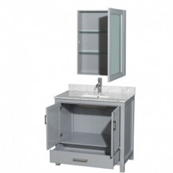 36 inch Single Bathroom Vanity in Gray, White Carrera Marble Countertop, Undermount Square Sink, and Medicine Cabinet