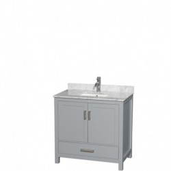 36 inch Single Bathroom Vanity in Gray, White Carrera Marble Countertop, Undermount Square Sink, and No Mirror
