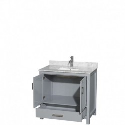 36 inch Single Bathroom Vanity in Gray, White Carrera Marble Countertop, Undermount Square Sink, and No Mirror
