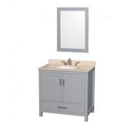 36 inch Single Bathroom Vanity in Gray, Ivory Marble Countertop, Undermount Oval Sink, and 24 inch Mirror