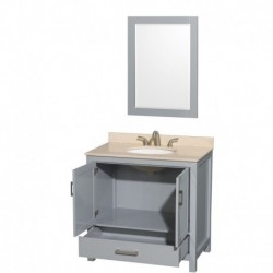 36 inch Single Bathroom Vanity in Gray, Ivory Marble Countertop, Undermount Oval Sink, and 24 inch Mirror