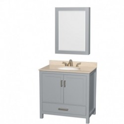 36 inch Single Bathroom Vanity in Gray, Ivory Marble Countertop, Undermount Oval Sink, and Medicine Cabinet