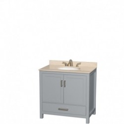 36 inch Single Bathroom Vanity in Gray, Ivory Marble Countertop, Undermount Oval Sink, and No Mirror