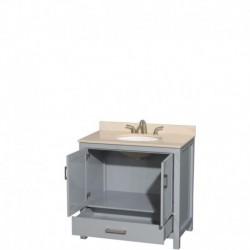 36 inch Single Bathroom Vanity in Gray, Ivory Marble Countertop, Undermount Oval Sink, and No Mirror