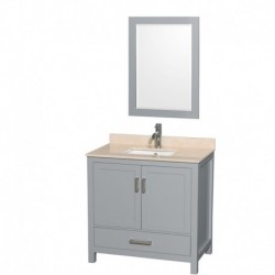 36 inch Single Bathroom Vanity in Gray, Ivory Marble Countertop, Undermount Square Sink, and 24 inch Mirror
