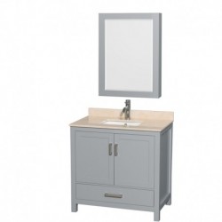 36 inch Single Bathroom Vanity in Gray, Ivory Marble Countertop, Undermount Square Sink, and Medicine Cabinet